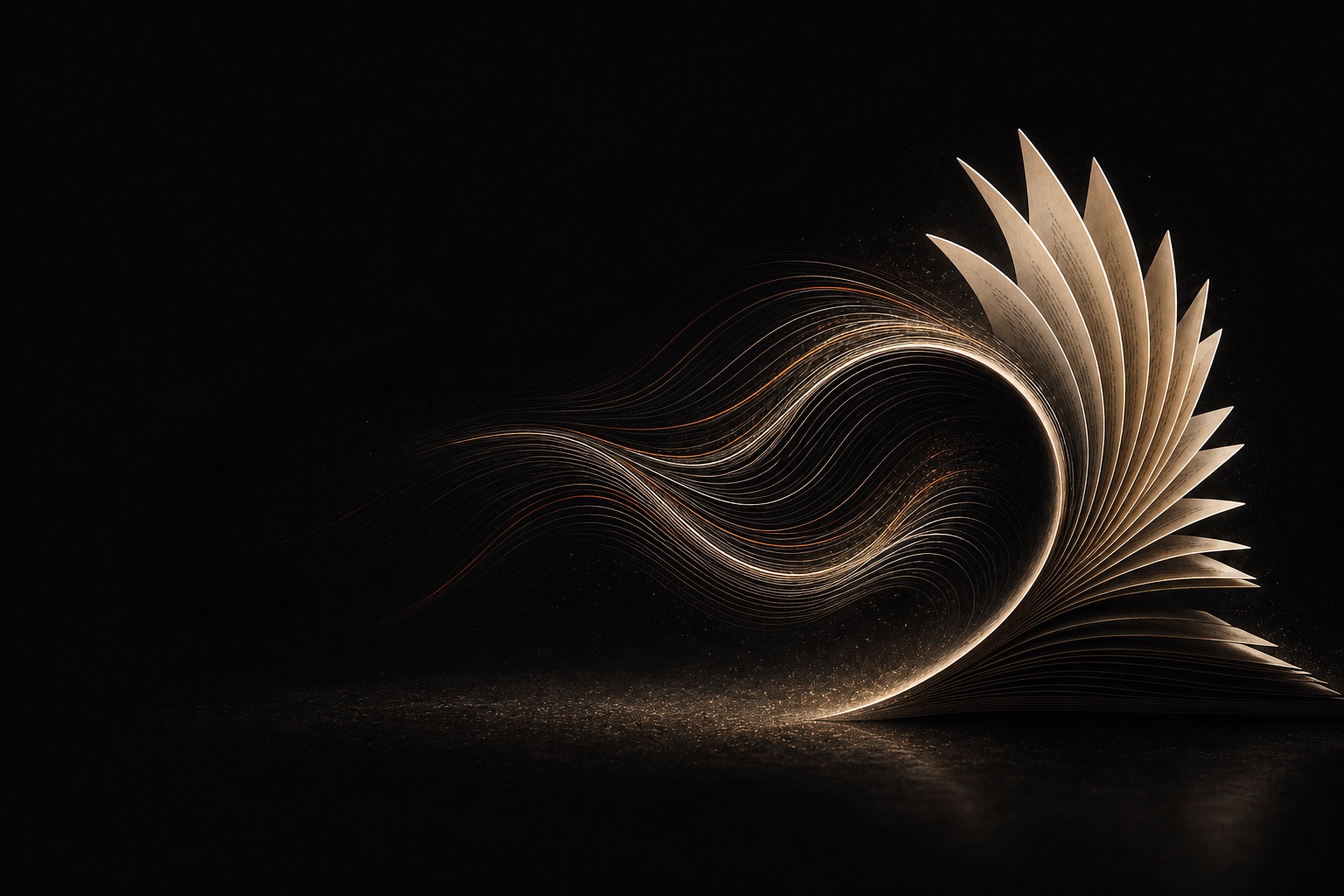 Abstract sound waves flowing into turning book pages